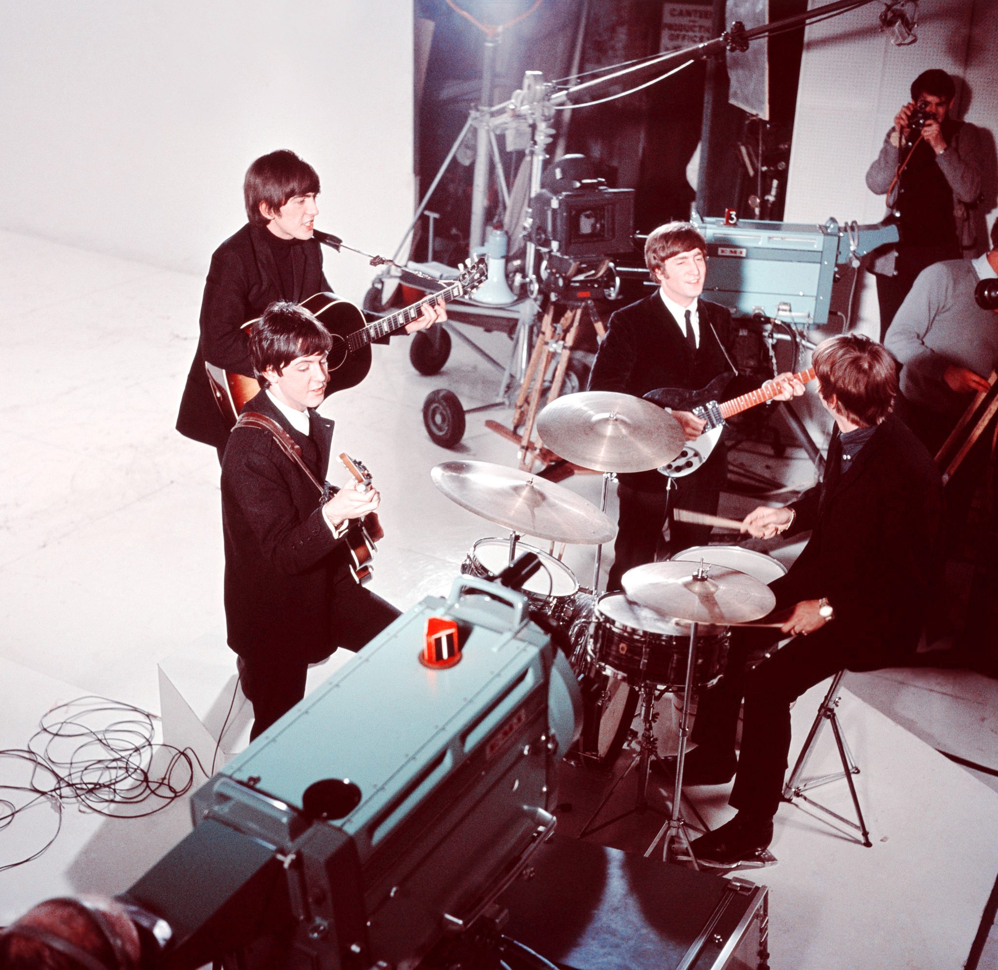 THE BEATLES on the set of A HARD DAY'S NIGHT. London, 1964
