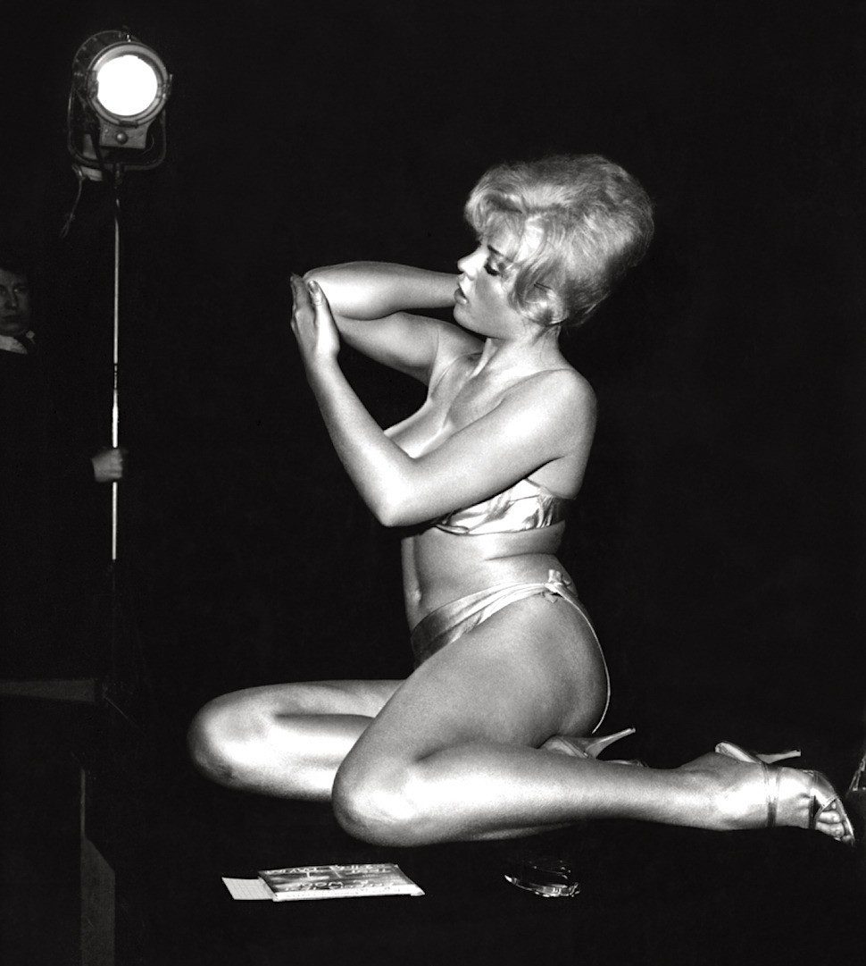 Margaret Nolan during filming of the opening credits of Goldfinger