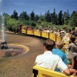 Disneyland guests riding the “Mine Train Thru Nature’s Wonderland” attraction in Frontierland, summer 1962.