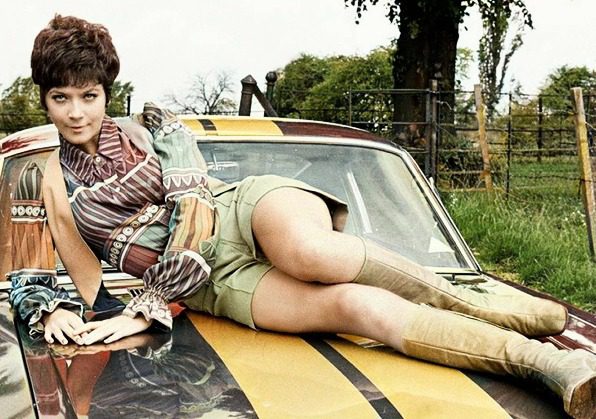 Linda Thorson looking sexy on her Mustang