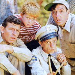 Andy Griffith, Ron Howard, Don Knotts, and Jim Nabors in a photo for The Andy Griffith Show, 1963.