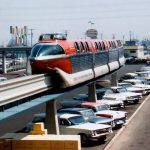 The red Monorail coming into the Disneyland Hotel station, June 1961