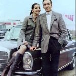 The Legend Sir Christopher Frank Carandini Lee and his wife, Danish painter and former model Birgit Gitte Kroencke Lee with his 1966 Mercedes-Benz 300 SE.