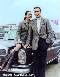 The Legend Sir Christopher Frank Carandini Lee and his wife, Danish painter and former model Birgit Gitte Kroencke Lee with his 1966 Mercedes-Benz 300 SE.