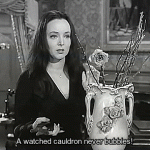Carolyn Jones as Morticia in The Addams Family episode entitled The Addams Family Goes To School, originally broadcast by ABC on September 18th, 1964.
