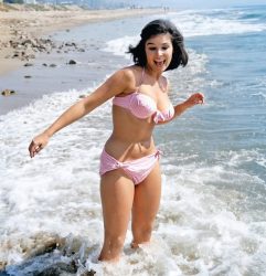 Yvonne Craig bikini pinup pose at the beach